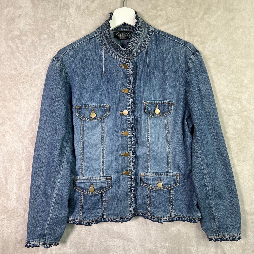 Style & Co Petite Large Denim Ruffle Trim Button Front Jacket Cottagecore Y2K